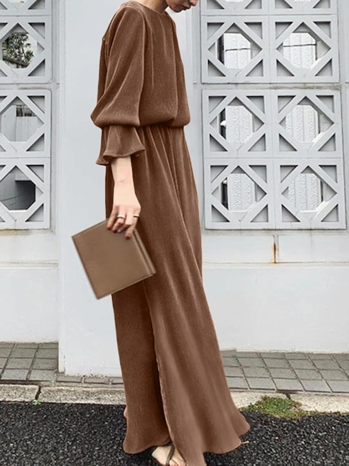 ZANZEA Women's Casual Maxi Dress Long Sleeve Loose V Neck Printed Kaftan Party Check Plaid Shrit Dress Puff Sleeve
