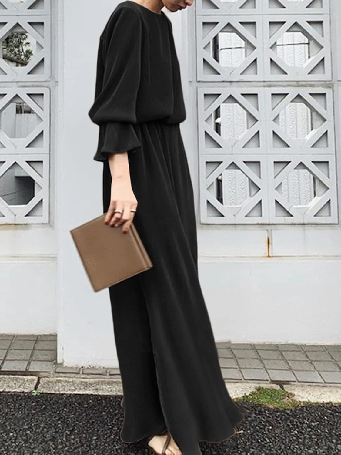 ZANZEA Women's Casual Maxi Dress Long Sleeve Loose V Neck Printed Kaftan Party Check Plaid Shrit Dress Puff Sleeve