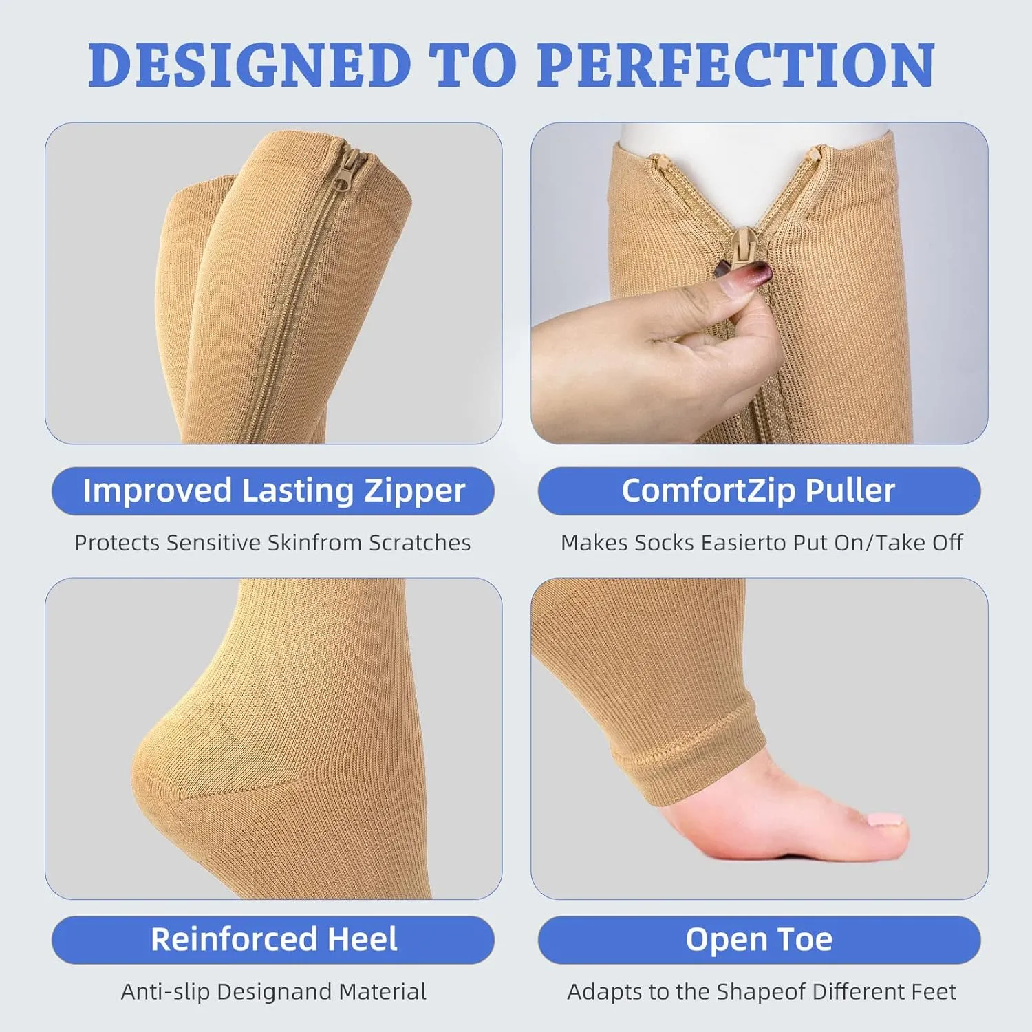 Zipper Compression Socks Women & Men - 3Pairs 15-20mmHg Open Toe Compression Stocking suit for Walking,Running