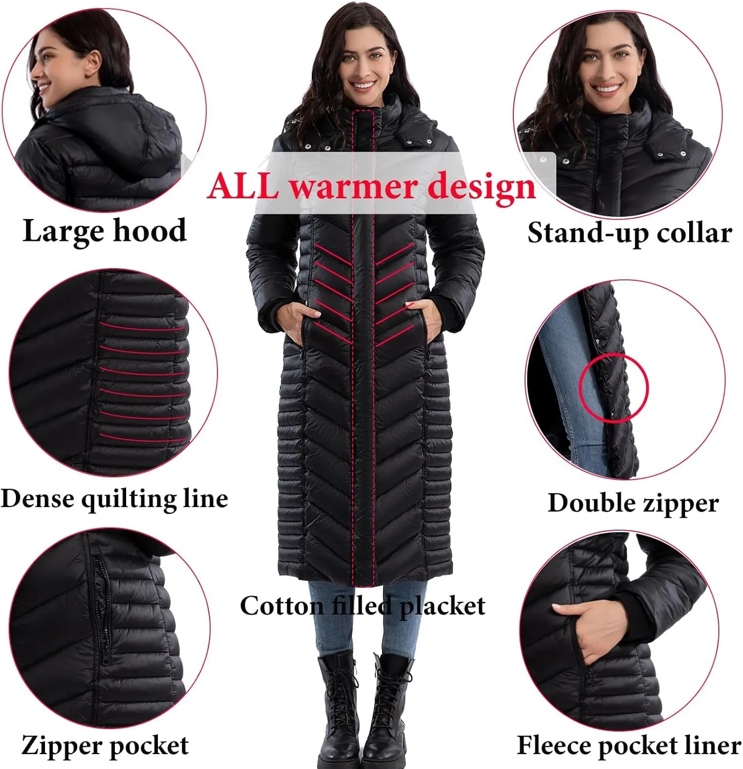 ZMC Thicken Women's Winter Puffer Coat, Warm Hooded Long Puffy Packable Jacket